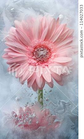 Pink gerbera flower with frost 114027033