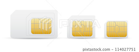 Set of different sizes SIM cards. White SIM, micro and nano cards with gold chip for mobile phone. Vector gsm simcards 3d design isolated on white background 114027751