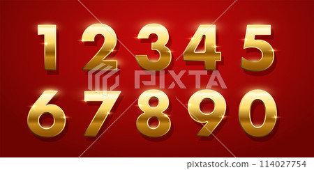 Birthday golden numbers isolated on red background. Set of gold yellow isolated numbers. Bright metallic 3D, realistic vector design elements Birthday golden numbers isolated on red background. Set of gold yellow isolated numbers. Bright metallic 3D, realistic vector design elements 114027754