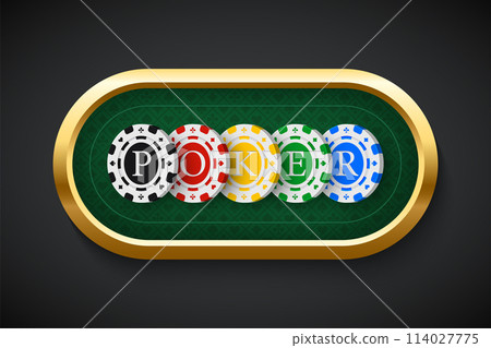 Poker green table background vector illustration. Realistic playing field with colored chips for game blackjack on black background. Casino concept 114027775