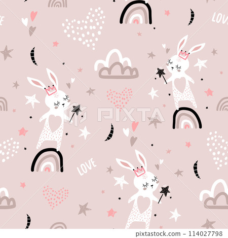 Seamless childish pattern with bunny princess on rainbow. Creative kids texture for fabric, wrapping, textile, wallpaper, apparel. Vector illustration 114027798