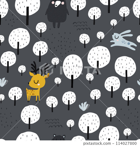Seamless worest pattern with deer, bear, rabbit. Creative forest texture for fabric, wrapping, textile, wallpaper, apparel. Vector illustration 114027800