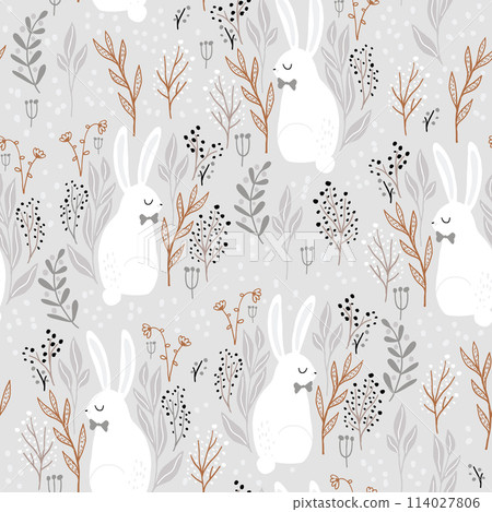 Seamless forest pattern with adorable rabbits in floral elements. Creative forest texture for fabric, wrapping, textile, wallpaper, apparel. Vector illustration Seamless forest pattern with adorable rabbits in floral elements. Creative forest texture for fabric, wrapping, textile, wallpaper, apparel. Vector illustration 114027806