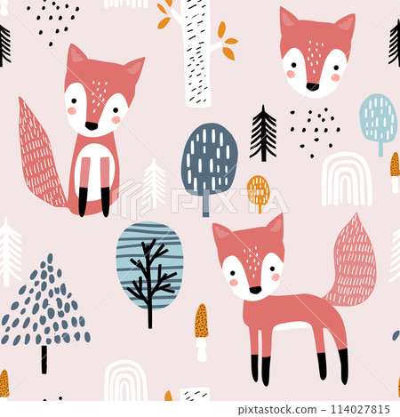 Seamless worest pattern with fox, mushrooms. Creative forest texture for fabric, wrapping, textile, wallpaper, apparel. Vector illustration 114027815