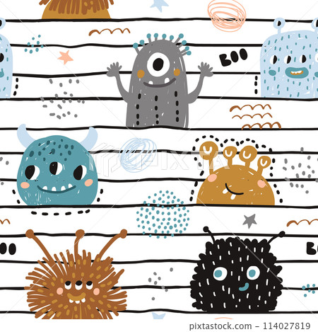 Seamless pattern with cute monsters. Creative childish texture for fabric, wrapping, textile, wallpaper, apparel. Vector illustration 114027819