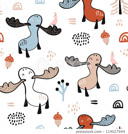 Seamless childish pattern with mooses in the forest. Creative woodland texture for fabric, wrapping, textile, wallpaper, apparel. Vector illustration 114027844