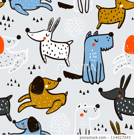 Childish seamless pattern with hand drawn dogs. Trendy scandinavian vector background. Perfect for kids apparel,fabric, textile, nursery decoration,wrapping paper Childish seamless pattern with hand drawn dogs. Trendy scandinavian vector background. Perfect for kids apparel,fabric, textile, nursery decoration,wrapping paper 114027845