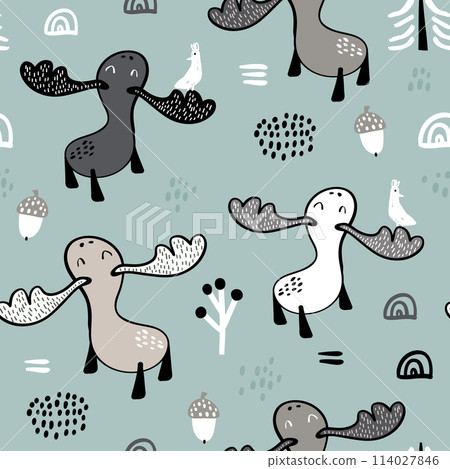 Seamless childish pattern with mooses in the forest. Creative woodland texture for fabric, wrapping, textile, wallpaper, apparel. Vector illustration Seamless childish pattern with mooses in the forest. Creative woodland texture for fabric, wrapping, textile, wallpaper, apparel. Vector illustration 114027846