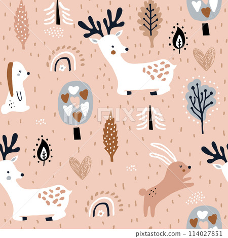 Seamless childish pattern with jumping rabbits, deers in the forest. Creative woodland texture for fabric, wrapping, textile, wallpaper, apparel. Vector illustration 114027851
