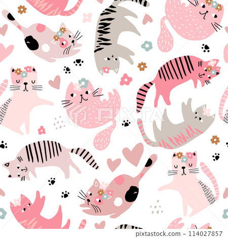 Seamless childish pattern with cute girl cats . Creative kids hand drawn texture for fabric, wrapping, textile, wallpaper, apparel. Vector illustration Seamless childish pattern with cute girl cats . Creative kids hand drawn texture for fabric, wrapping, textile, wallpaper, apparel. Vector illustration 114027857