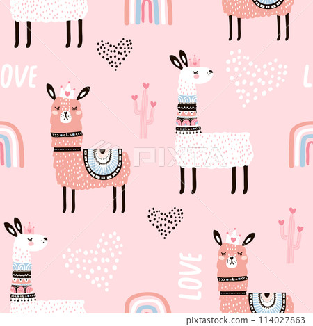 Seamless pattern with llama princess hearts, cactus and hand drawn elements. Creative childish texture. Great for fabric, textile Vector Illustration 114027863