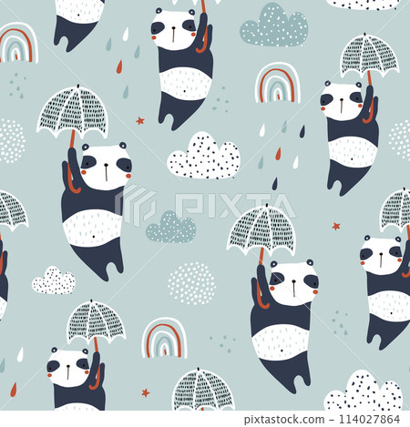 Seamless childish pattern with cute pandas, umbrellas and hand drawn textures. Creative kids hand drawn texture for fabric, wrapping, textile, wallpaper, apparel. Vector illustration 114027864