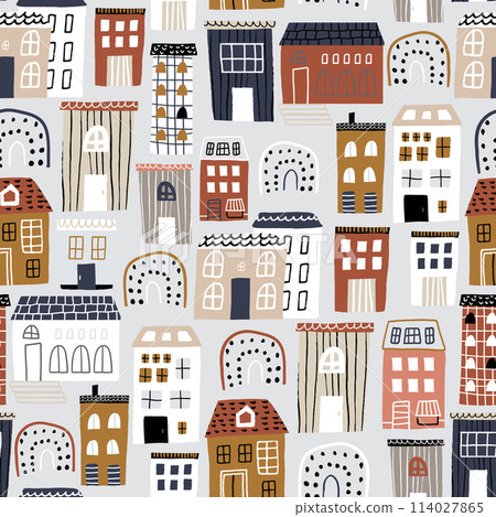 Abstract eamless pattern with hand drawn city design. Trendy kids vector background. Perfect for kids apparel, fabric, textile 114027865