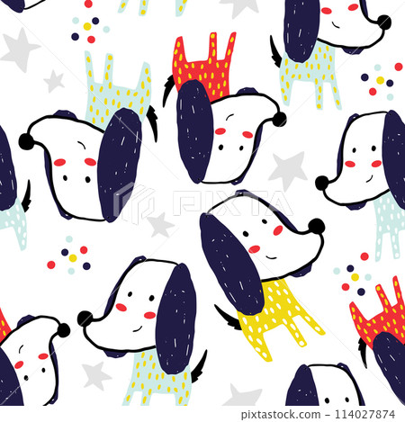 Seamless pattern with funny colorful dogs. Creative childish texture in scandinavian style. Great for fabric, textile Vector Illustration Seamless pattern with funny colorful dogs. Creative childish texture in scandinavian style. Great for fabric, textile Vector Illustration 114027874