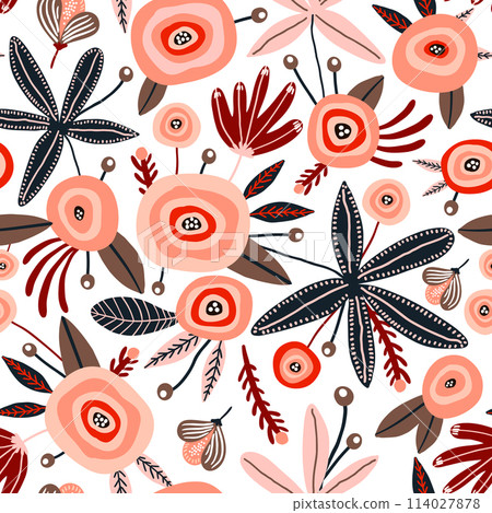 Seamless pattern with flowers, berries and leaves. Creative floral texture. Great for fabric, textile Vector Illustration Seamless pattern with flowers, berries and leaves. Creative floral texture. Great for fabric, textile Vector Illustration 114027878