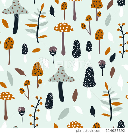 Seamless jungle pattern with mushrooms and floral elements. Creative autumn texture for fabric, wrapping, textile, wallpaper, apparel. Vector illustration 114027892