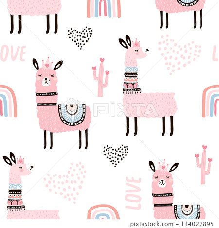 Seamless pattern with llama princess hearts, cactus and hand drawn elements. Creative childish texture. Great for fabric, textile Vector Illustration 114027895