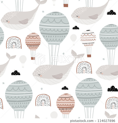 Seamless childish pattern with sleeping whales hot air balloons. Creative kids hand drawn texture for fabric, wrapping, textile, wallpaper, apparel. Vector illustration 114027896