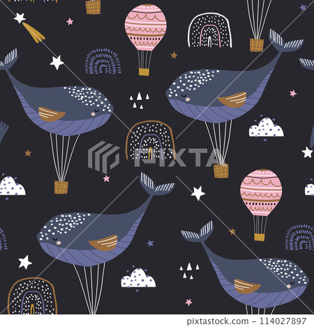 Seamless childish pattern with sleeping whales hot air balloons. Creative kids hand drawn texture for fabric, wrapping, textile, wallpaper, apparel. Vector illustration Seamless childish pattern with sleeping whales hot air balloons. Creative kids hand drawn texture for fabric, wrapping, textile, wallpaper, apparel. Vector illustration 114027897