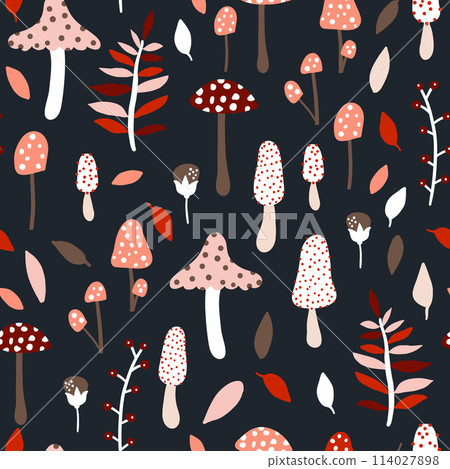 Seamless jungle pattern with mushrooms and floral elements. Creative autumn texture for fabric, wrapping, textile, wallpaper, apparel. Vector illustration Seamless jungle pattern with mushrooms and floral elements. Creative autumn texture for fabric, wrapping, textile, wallpaper, apparel. Vector illustration 114027898