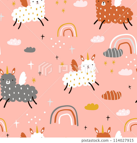 Seamless childish pattern with funny llama unicorns, rainbows, clouds. Creative kids texture for fabric, wrapping, textile, wallpaper, apparel. Vector illustration 114027915