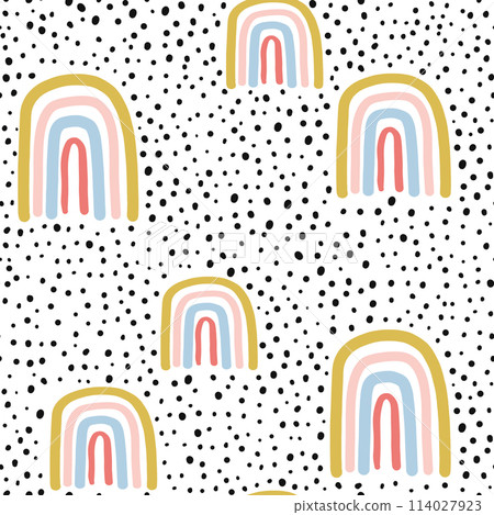 Childish seamless pattern with hand drawn rainbow and dots. Trendy kids vector background. Childish seamless pattern with hand drawn rainbow and dots. Trendy kids vector background. 114027923