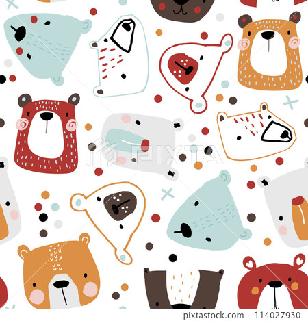 Seamless childish pattern with cute bear faces. Creative kids hand drawn texture for fabric, wrapping, textile, wallpaper, apparel. Vector illustration 114027930