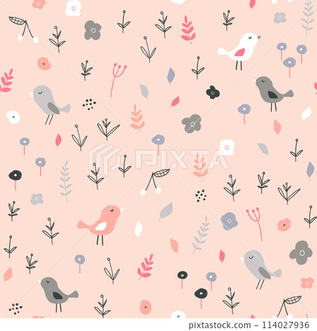 Seamless childish pattern with tiny birds and floral elements. Creative scandinavian style kids texture for fabric, wrapping, textile, wallpaper, apparel. Vector illustration Seamless childish pattern with tiny birds and floral elements. Creative scandinavian style kids texture for fabric, wrapping, textile, wallpaper, apparel. Vector illustration 114027936