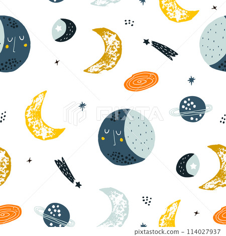 Childish seamless pattern with hand drawn space elements space, moon, star, planet, galaxy. Trendy kids vector background. 114027937