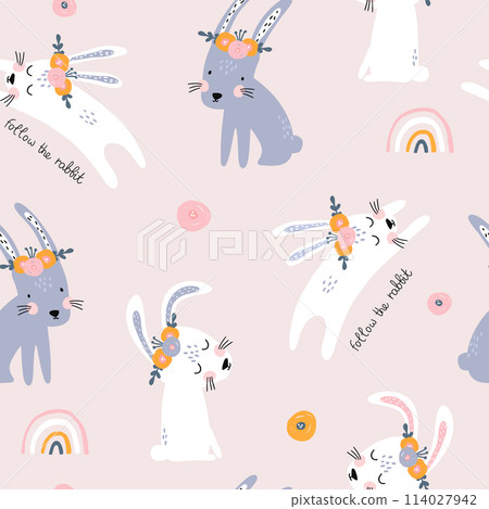 Seamless pattern with cute jumping rabbits. Creative scandinavian style for children textures for fabric, packaging, textiles, wallpaper, clothes. Vector illustration Seamless pattern with cute jumping rabbits. Creative scandinavian style for children textures for fabric, packaging, textiles, wallpaper, clothes. Vector illustration 114027942