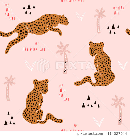 Seamless pattern with hand drawn leopards. Creative african modern texture for fabric, wrapping, textile, wallpaper, apparel. Vector illustration 114027944