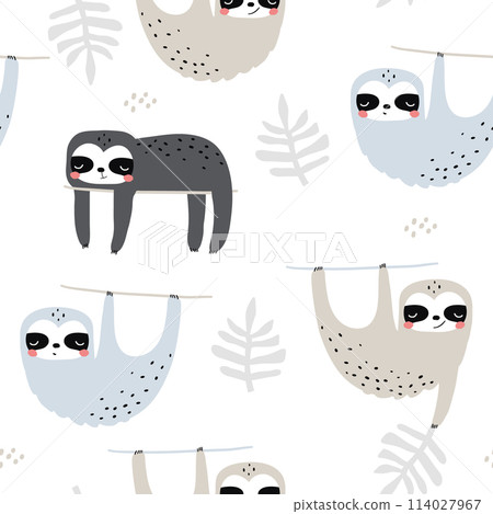 Seamless childish pattern with funny sloths. Creative kids texture for fabric, wrapping, textile, wallpaper, apparel. Vector illustration Seamless childish pattern with funny sloths. Creative kids texture for fabric, wrapping, textile, wallpaper, apparel. Vector illustration 114027967