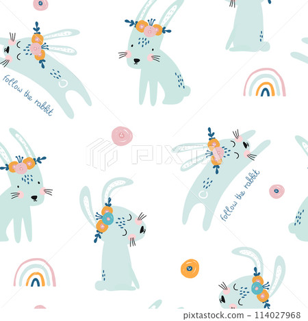 Seamless pattern with cute jumping rabbits....-插圖素材 [114027968] - PIXTA圖庫