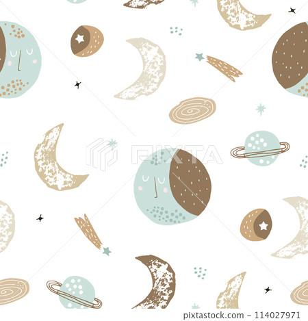 Childish seamless pattern with hand drawn space elements space, moon, star, planet, galaxy. Trendy kids vector background. Childish seamless pattern with hand drawn space elements space, moon, star, planet, galaxy. Trendy kids vector background. 114027971