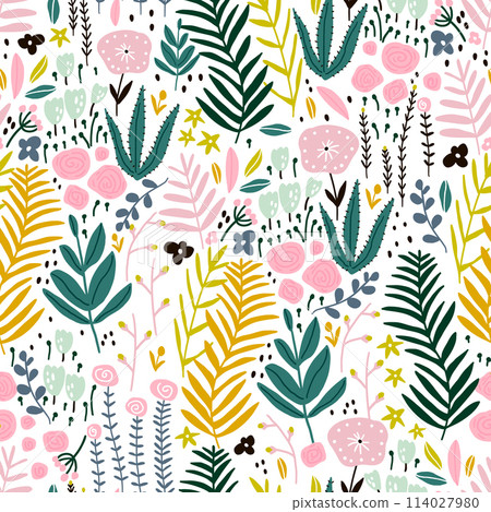 Seamless pattern with flowers, branch, leaves. Creative floral texture. Great for fabric, textile Vector Illustration 114027980