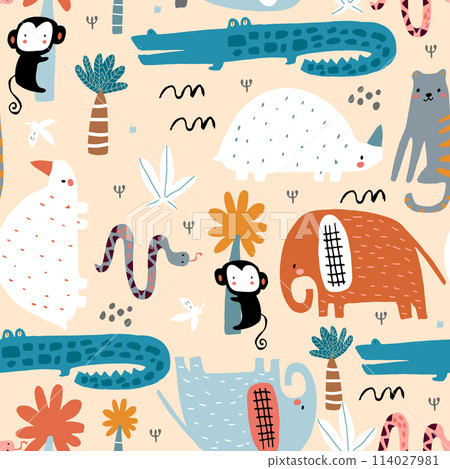 Seamless childish pattern with african animals. Creative scandinavian style kids texture for fabric, wrapping, textile, wallpaper, apparel. Vector illustration 114027981