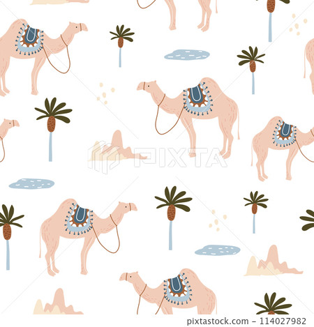Seamless pattern with camels in desert. Creative scandinavian style kids texture for fabric, wrapping, textile, wallpaper, apparel. Vector illustration 114027982