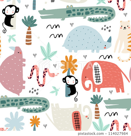 Seamless childish pattern with african animals. Creative scandinavian style kids texture for fabric, wrapping, textile, wallpaper, apparel. Vector illustration 114027984