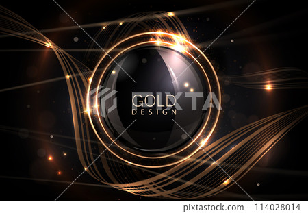 Illustration with a round gold frame with glitter and a curved ribbon on a black background Illustration with a round gold frame with glitter and a curved ribbon on a black background 114028014