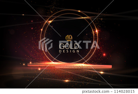Illustration with a round gold frame with glitter and a podium on a black background 114028015