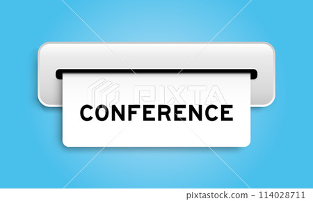 White coupon banner with word conference from machine on blue color background 114028711