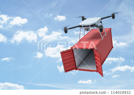 3d rendering of camera quadcopter carrying small open empty red cargo container in blue sky. 114028932