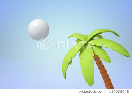 Volleyball soaring past a palm tree 114028948