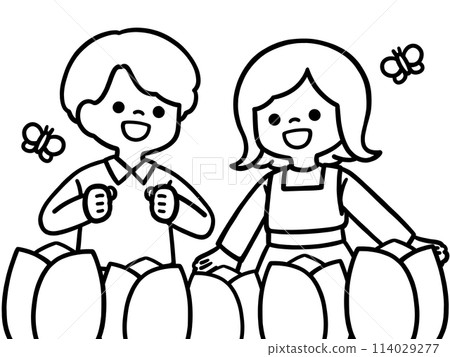 A monochrome illustration of children having fun looking at tulips that can also be enjoyed as a coloring book. A monochrome illustration of children having fun looking at tulips that can also be enjoyed as a coloring book. 114029277