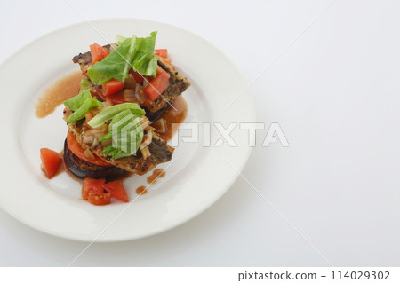 Sautéed eggplant and tomato with onion Tomato onion Balsamic sauce 114029302
