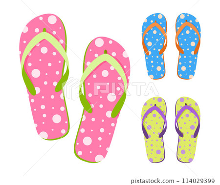 Seth s beach flip-flops. Colorful flip-flops. Summer beach shoes in cartoon style. Vector illustration 114029399