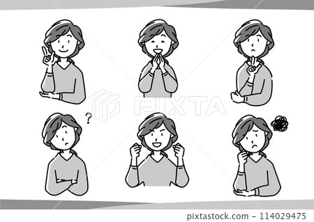 Illustration set of women with various expressions_04 monochrome 114029475