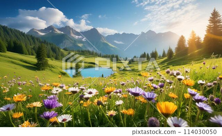 Flower field with a lake view 114030050