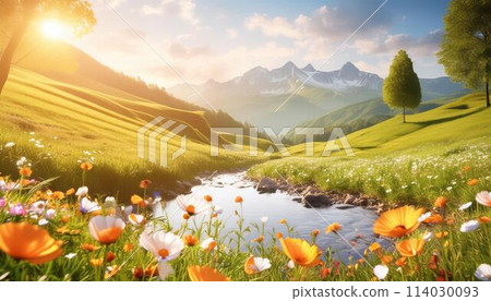 Flower field with a lake view 114030093