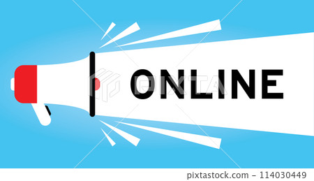 Color megaphone icon with word online in white banner on blue background Color megaphone icon with word online in white banner on blue background 114030449